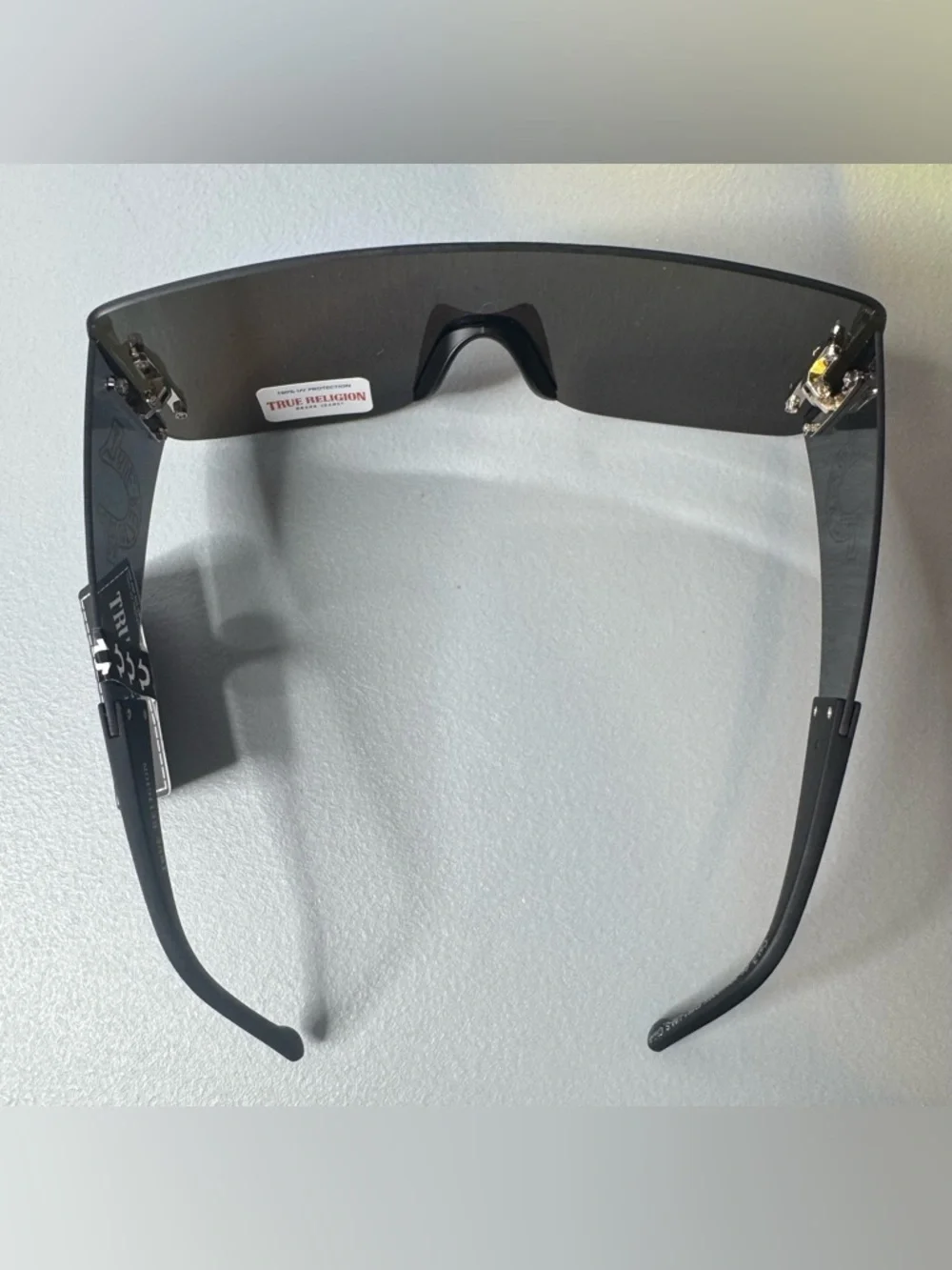 True Religion aviator Black Rimless Shield Sunglasses blue mirrored horseshoe